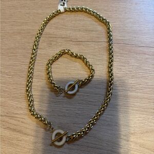 Gold Tone Chain Necklace and Bracelet Set with White Toggle Accent